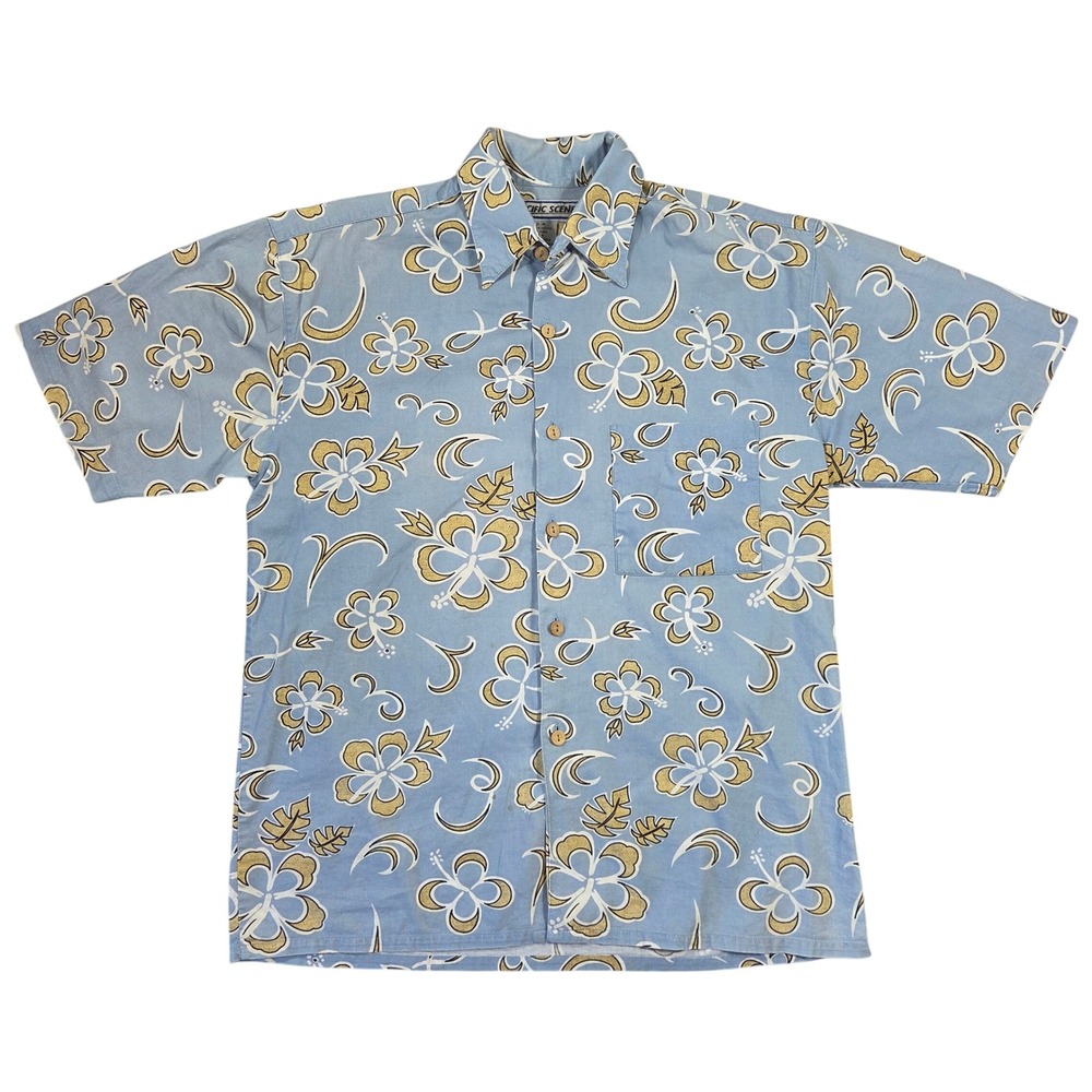 Cyber Y2k Pacific Scene Mens Blue Hibiscus Floral Cotton Hawaiian Shirt M 2000s